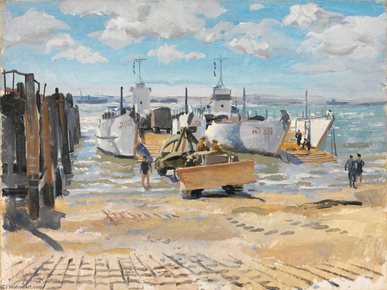 Order Oil Painting Replica Embarking Bulldozers, 1944 by Stephen Bone (Inspired By) (1904-1958, United Kingdom) | ArtsDot.com