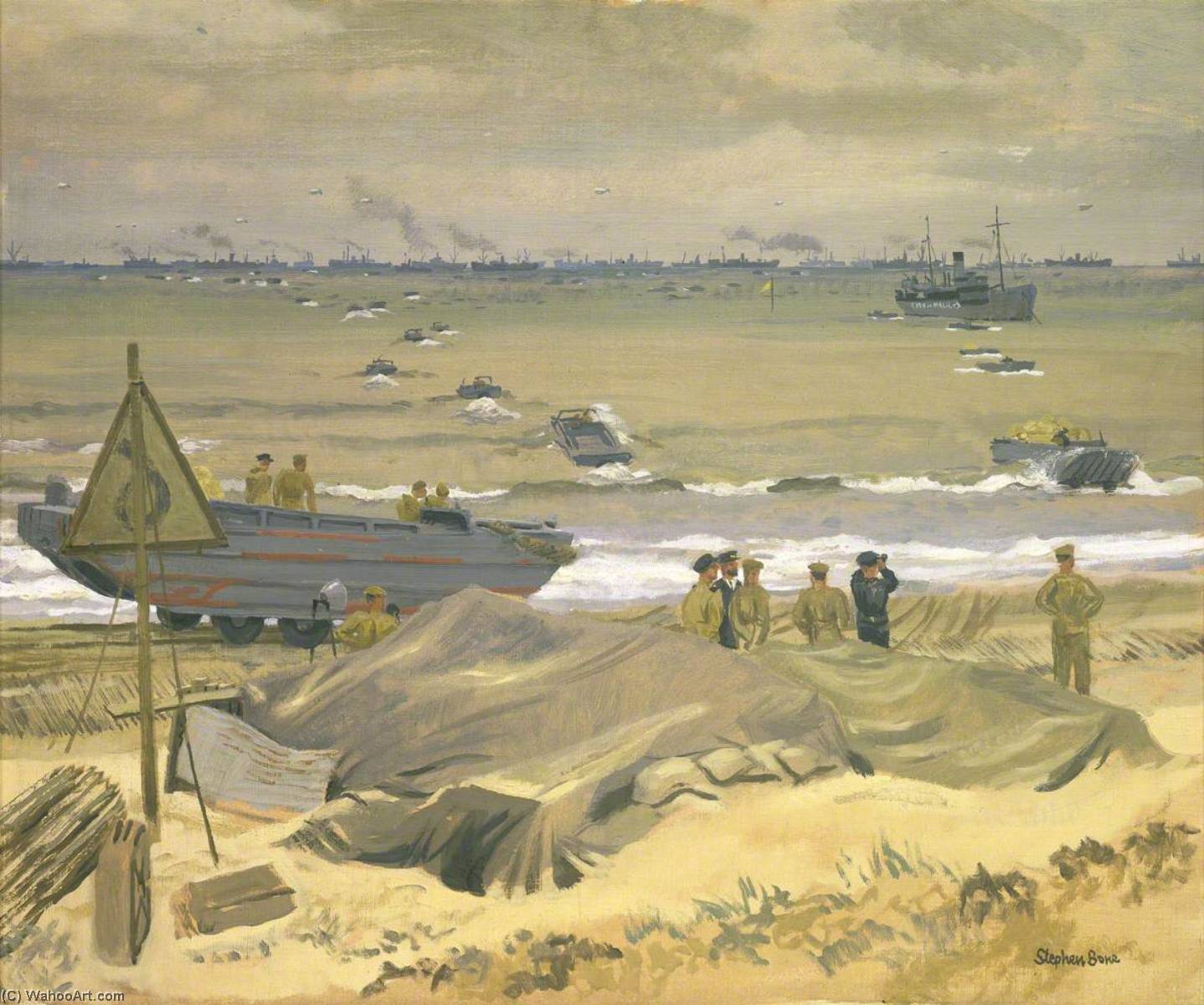 Buy Museum Art Reproductions View of Courseulles with DUKWs Landing Stores by Stephen Bone (Inspired By) (1904-1958, United Kingdom) | ArtsDot.com