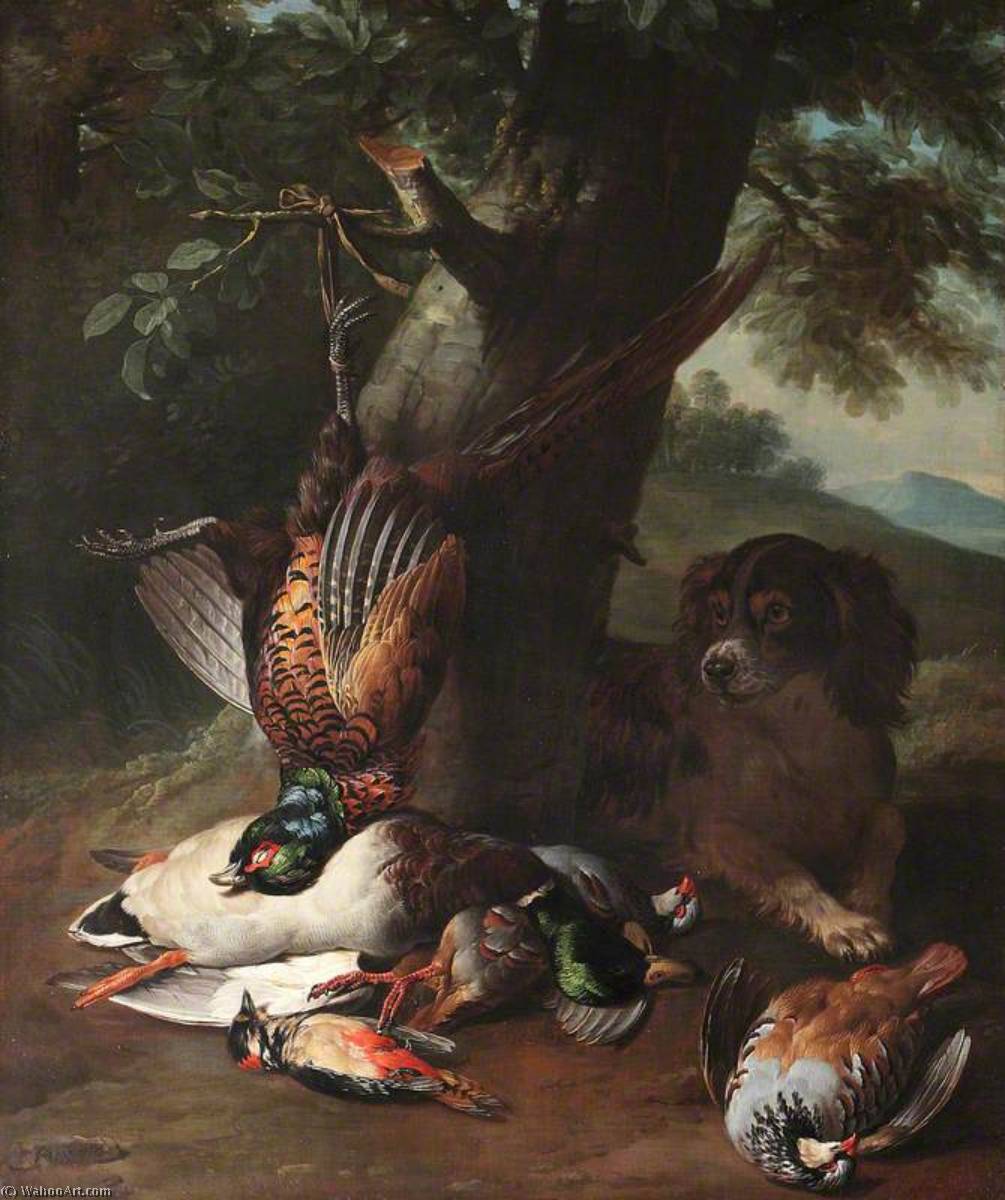 Order Art Reproductions A Spaniel with Dead Game in a Landscape, 1720 by Alexandre François Desportes (1661-1743, France) | ArtsDot.com