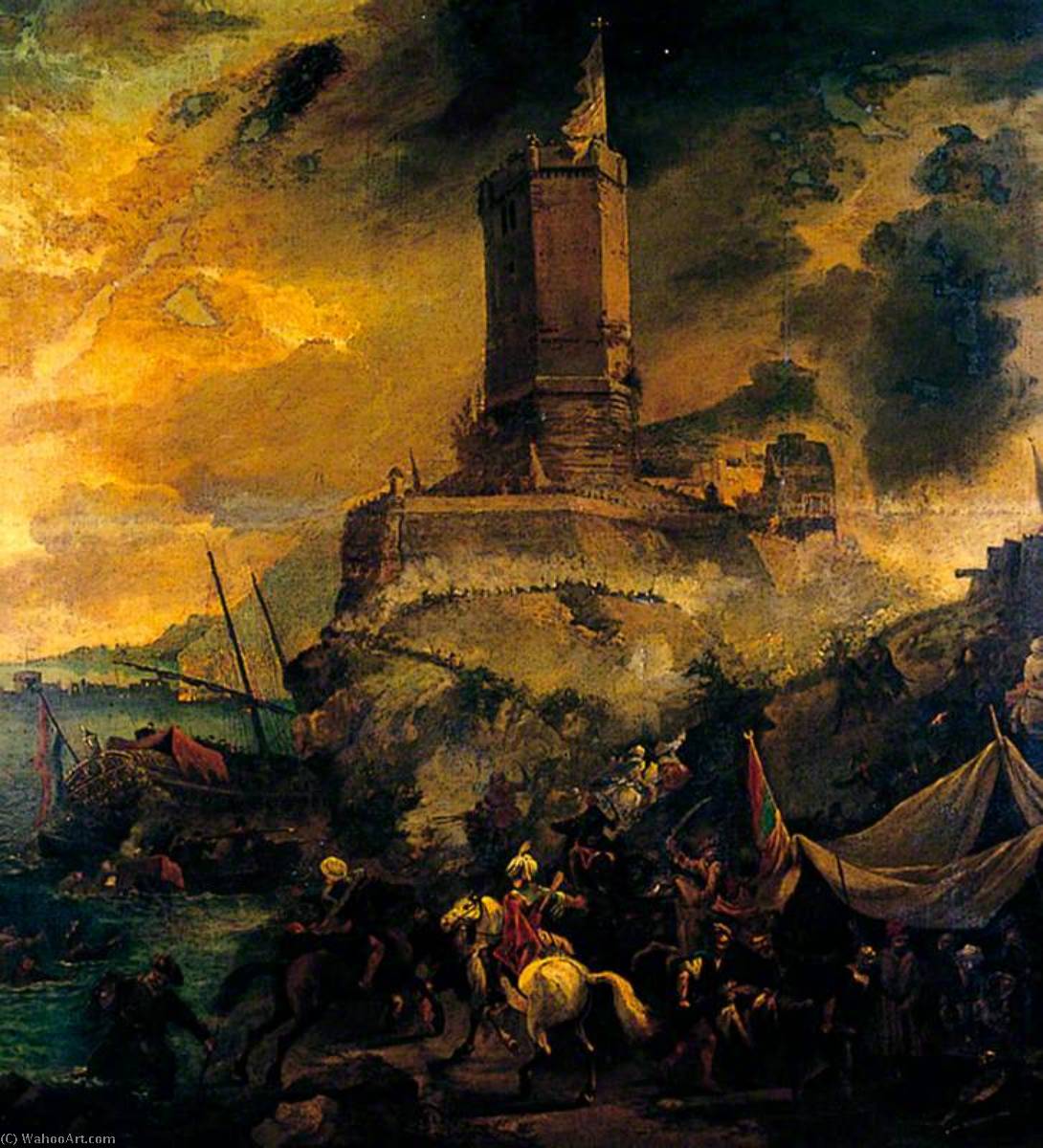 Order Art Reproductions The Wreckers, Stormy Coast Scene with Tower by Thomas Wyck (1616-1677, Netherlands) | ArtsDot.com