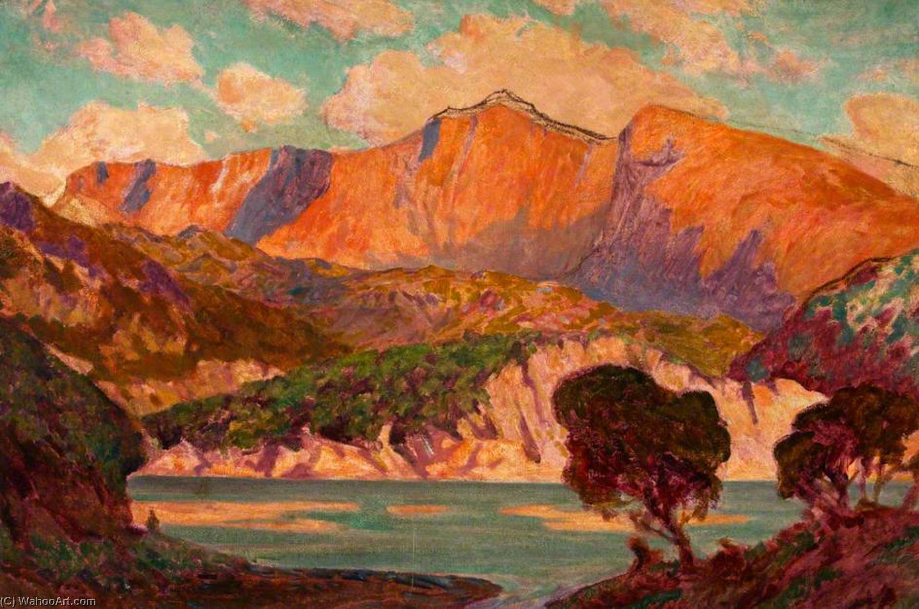 Order Oil Painting Replica Mountain Landscape over a Lake with Trees in the Foreground (possibly Cader Idris) (unfinished) by Christopher Williams (1873-1934, United States) | ArtsDot.com