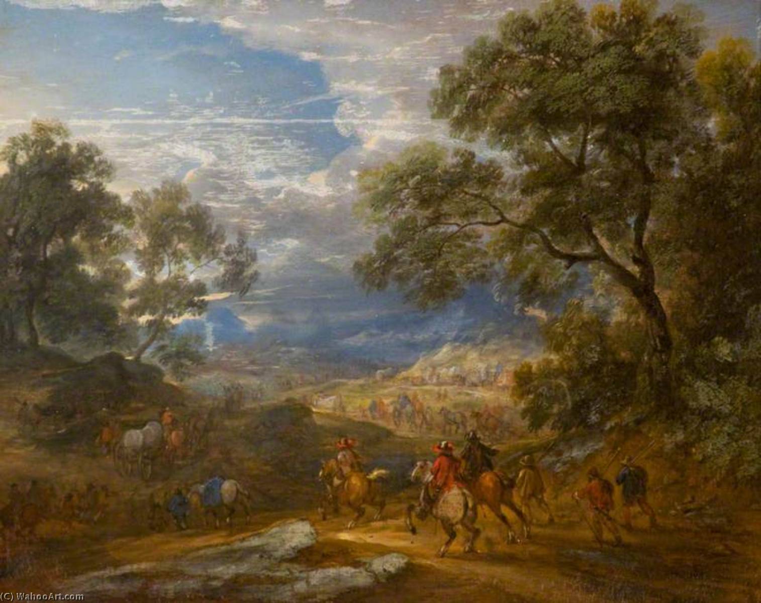Order Oil Painting Replica Wooded Landscape with Horsemen and a Baggage Train on a Road by Adam Frans Van Der Meulen (1632-1690, Belgium) | ArtsDot.com