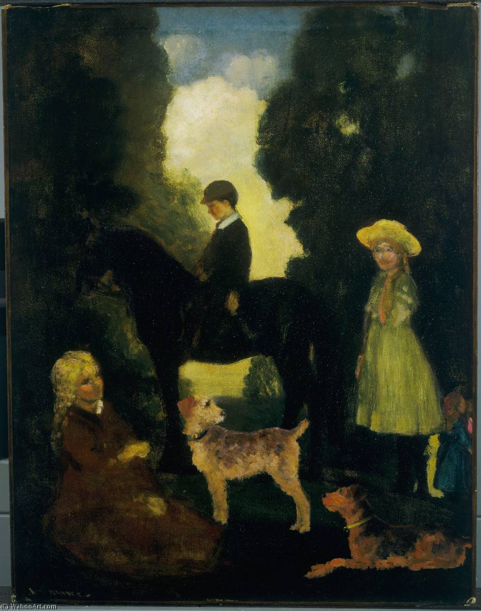 Ordem Reproduções De Pinturas Crianças, cães e pônei, 1905 por Arthur Bowen Davies (1863-1928, United States) | ArtsDot.com