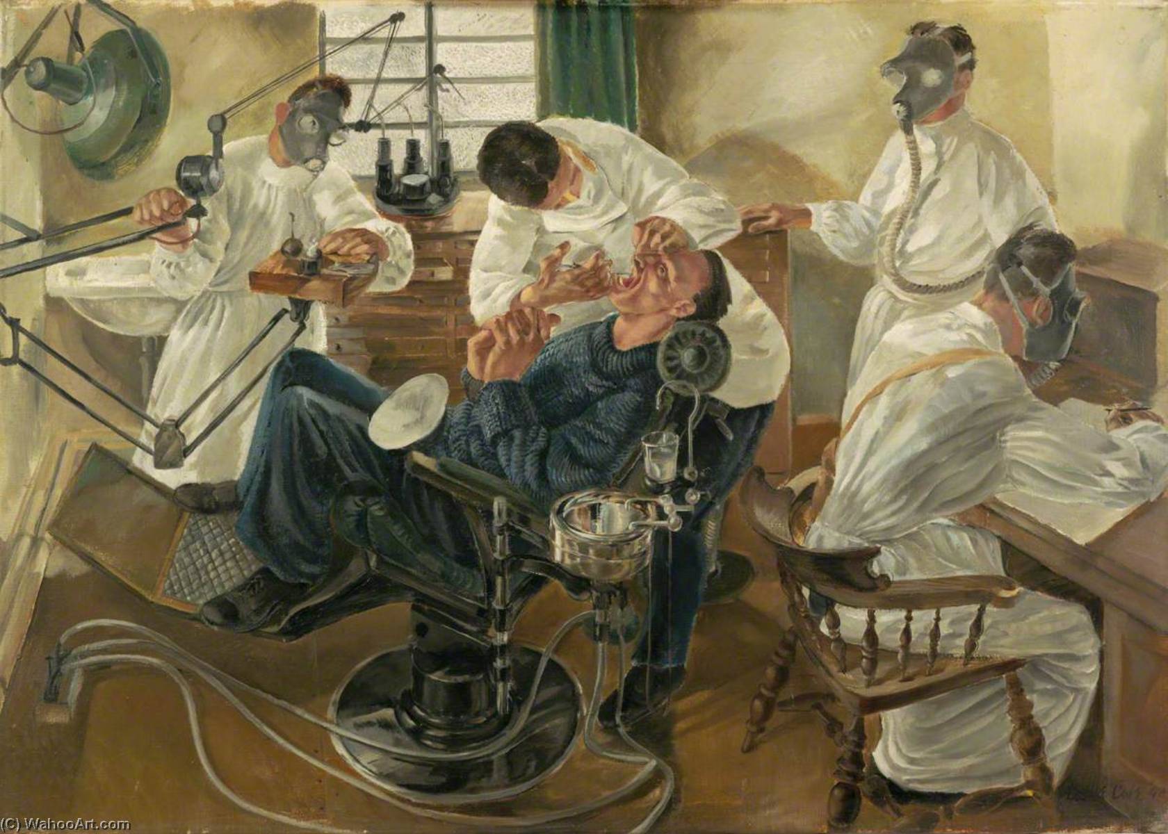 順序 手描き油絵 ガス練習時の歯医者, 1942 バイ Leslie Cole (に触発された) (1910-1976, United Kingdom) | ArtsDot.com