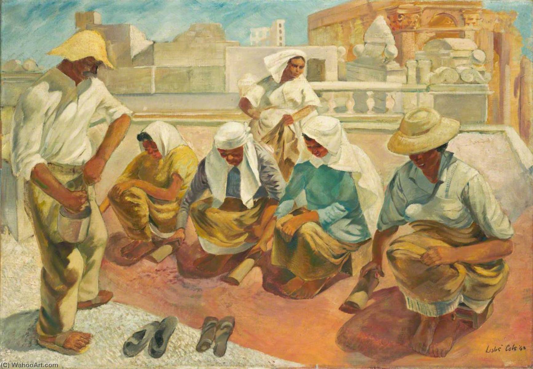 Order Oil Painting Replica Diffone Workers Mending the Roof of the Officers` Mess, Floriana, 1943 by Leslie Cole (Inspired By) (1910-1976, United Kingdom) | ArtsDot.com