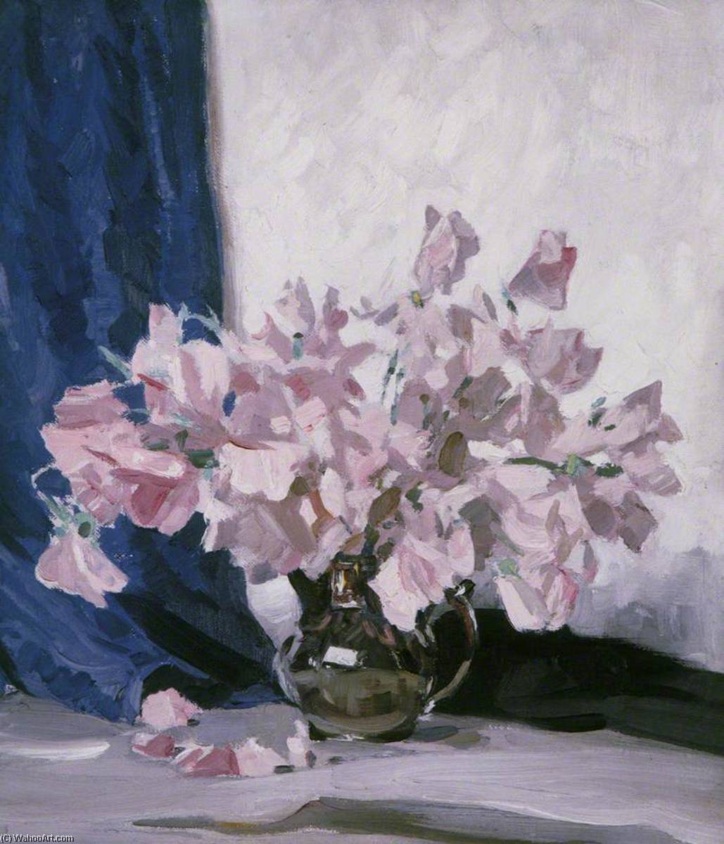 Kauf Museum Kunstreproduktionen Rosa Blumen und Blau Vorhang von Stanley Cursiter (Inspiriert von) (1887-1976, Scotland) | ArtsDot.com