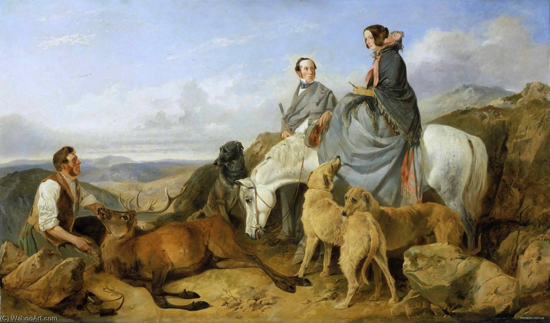 Order Art Reproductions Mr. and Mrs. John Naylor with a Keeper and a Dead Stag, 1847 by Richard Ansdell (1815-1885, United Kingdom) | ArtsDot.com