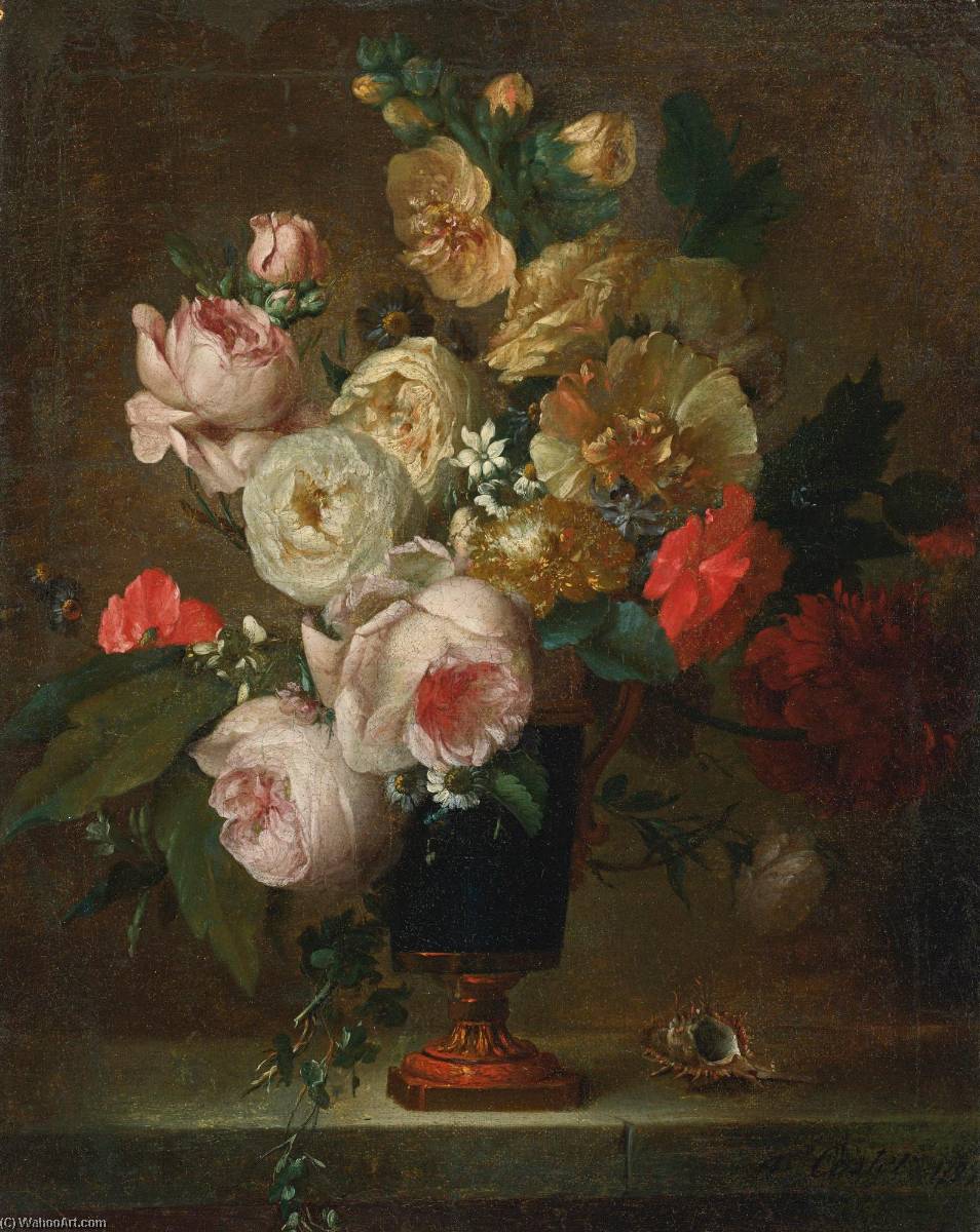 Order Art Reproductions Still life of flowers in a vase with a shell by Anne Vallayer Coster (1744-1818, France) | ArtsDot.com