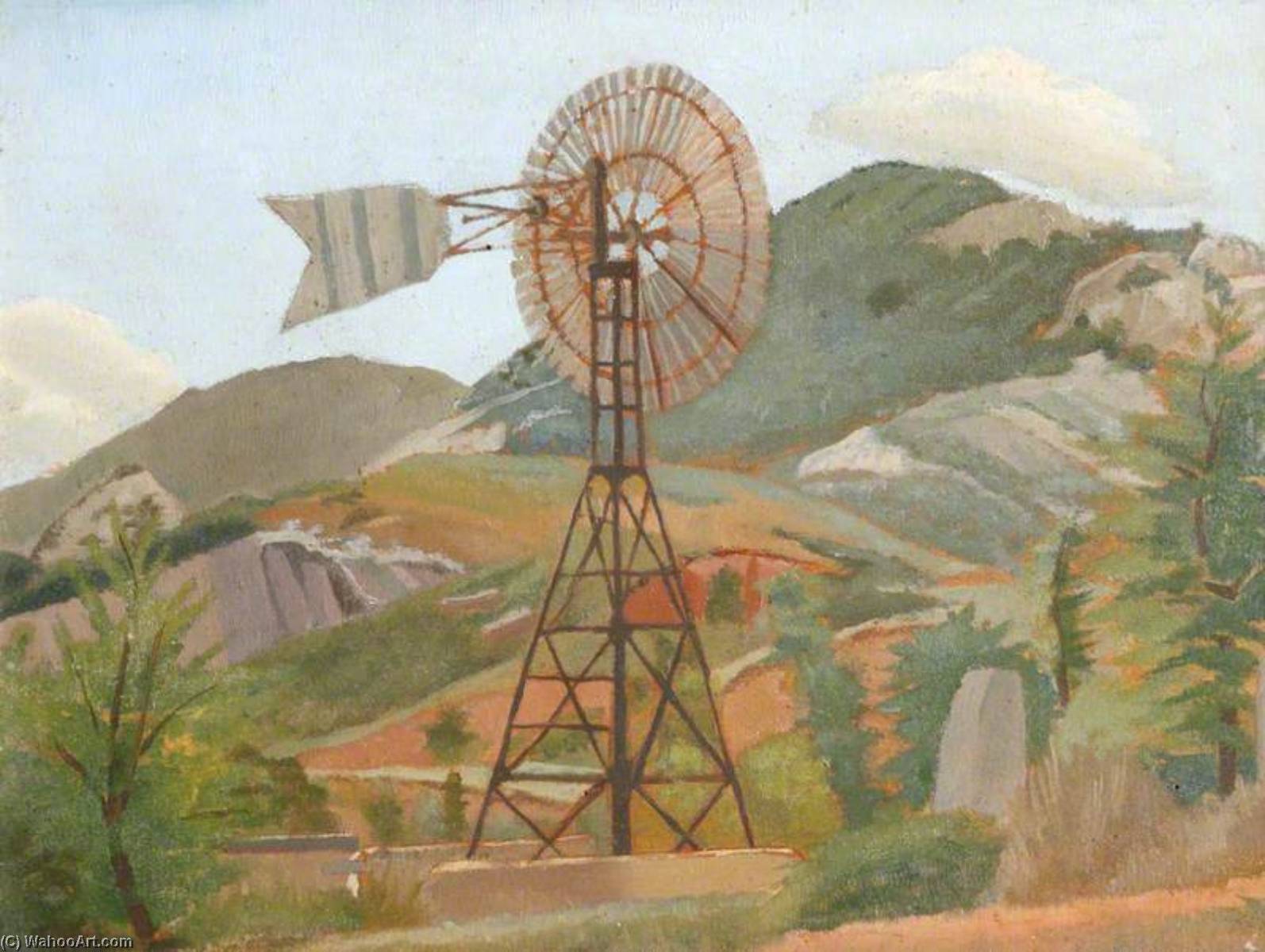 Order Oil Painting Replica Mountain Landscape with a Windmill by Gilbert Spencer (Inspired By) (1892-1979, United Kingdom) | ArtsDot.com