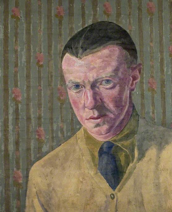 Order Oil Painting Replica Portrait of a Man Wearing Green Shirt and Tie against Striped Wall (Dickie) by Robert Polhill Bevan (1865-1925, United Kingdom) | ArtsDot.com