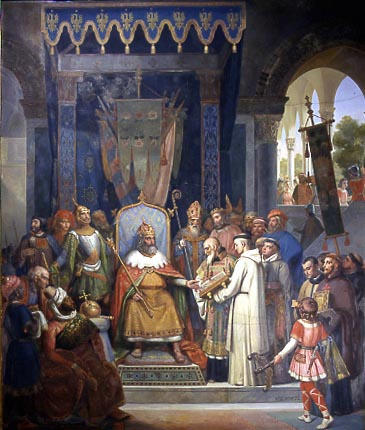 Buy Museum Art Reproductions Charlemagne, entouré de ses principaux officiers, reçoit Alcuin qui lui présente des manuscrits, ouvrages de ses moines by Victor Schnetz (1787-1870) | ArtsDot.com