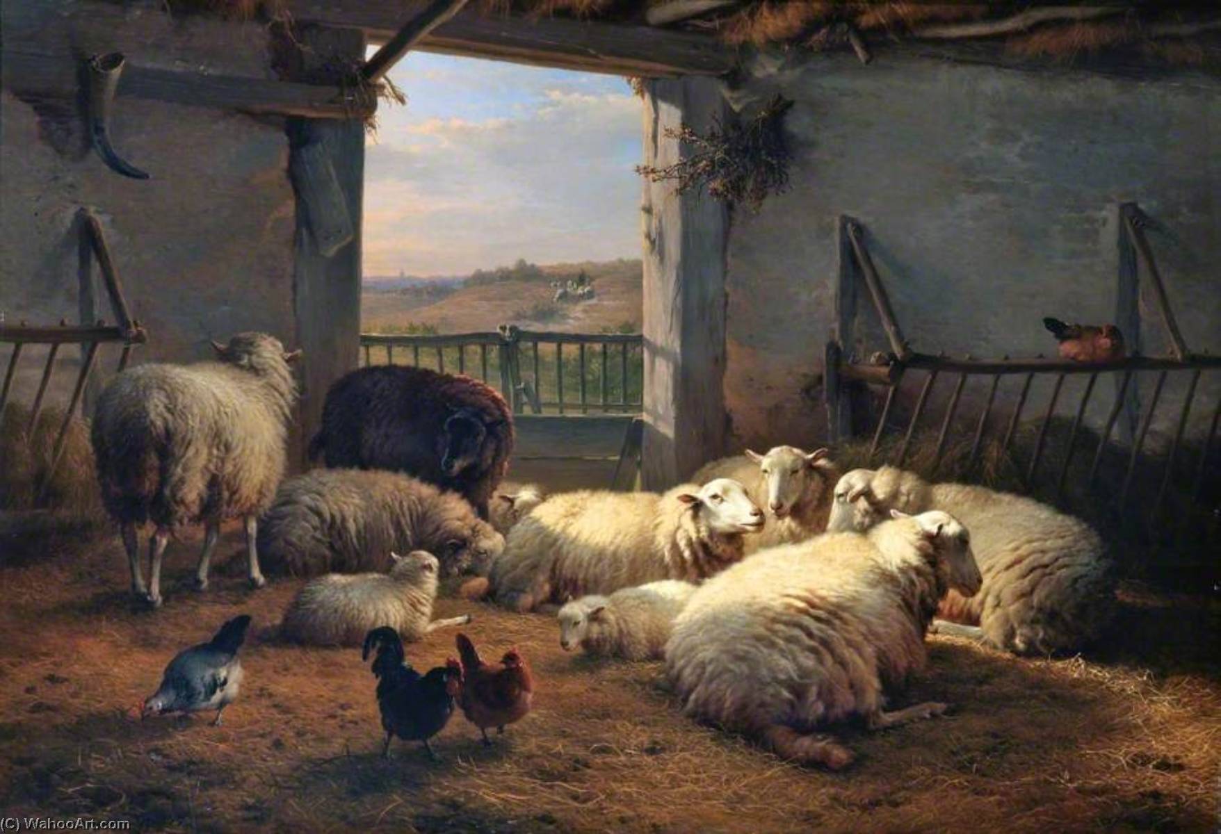 Order Artwork Replica Sheep and Hens in a Barn, 1874 by Eugène Joseph Verboeckhoven (1798-1881, Belgium) | ArtsDot.com