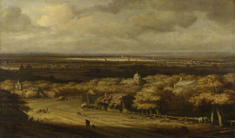 Order Oil Painting Replica An Extensive Landscape with Houses in a Wood and a Distant Town, 1670 by Philips De Koninck (1619-1688) | ArtsDot.com