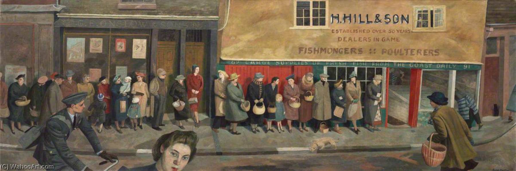 Order Oil Painting Replica The Queue at the Fish Shop, 1944 by Evelyn Mary Dunbar (Inspired By) (1906-1960, United Kingdom) | ArtsDot.com