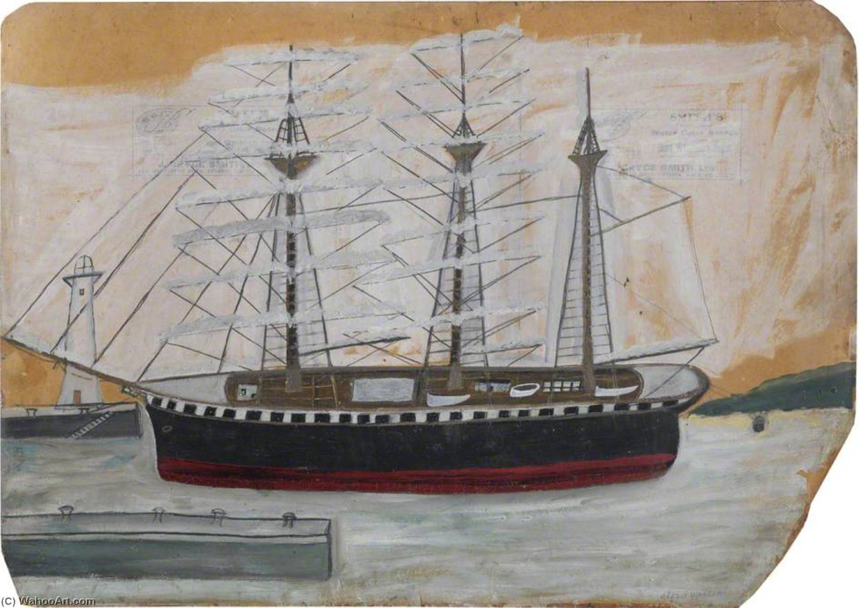 Buy Museum Art Reproductions Three Masted Ship near Lighthouse, 1930 by Alfred Wallis (1855-1942, United Kingdom) | ArtsDot.com