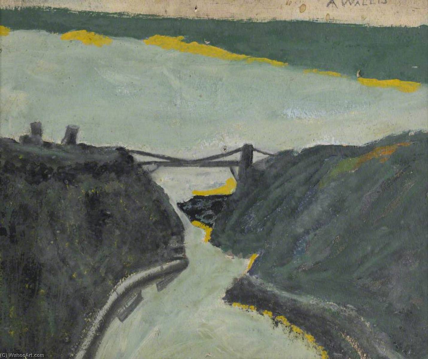 Order Oil Painting Replica Ravine with Estuary (Bristol Channel and Suspension Bridge ), 1938 by Alfred Wallis (1855-1942, United Kingdom) | ArtsDot.com