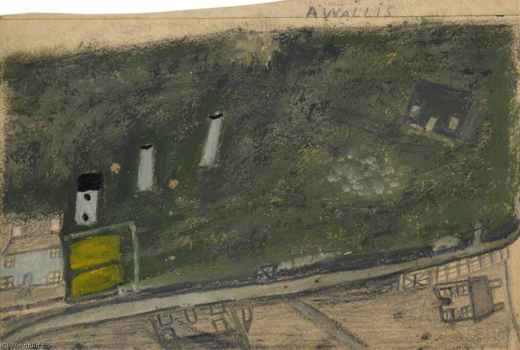 Order Art Reproductions Landscape with Field, Chimneys and Road between Blue and Dark Green Cottages (Consols Mine), 1936 by Alfred Wallis (1855-1942, United Kingdom) | ArtsDot.com
