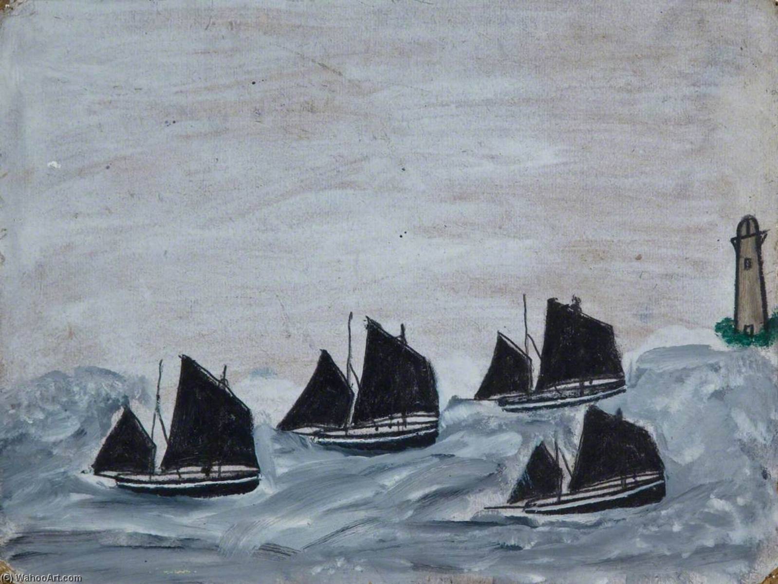 Order Oil Painting Replica Four Boats by a Lighthouse by Alfred Wallis (1855-1942, United Kingdom) | ArtsDot.com