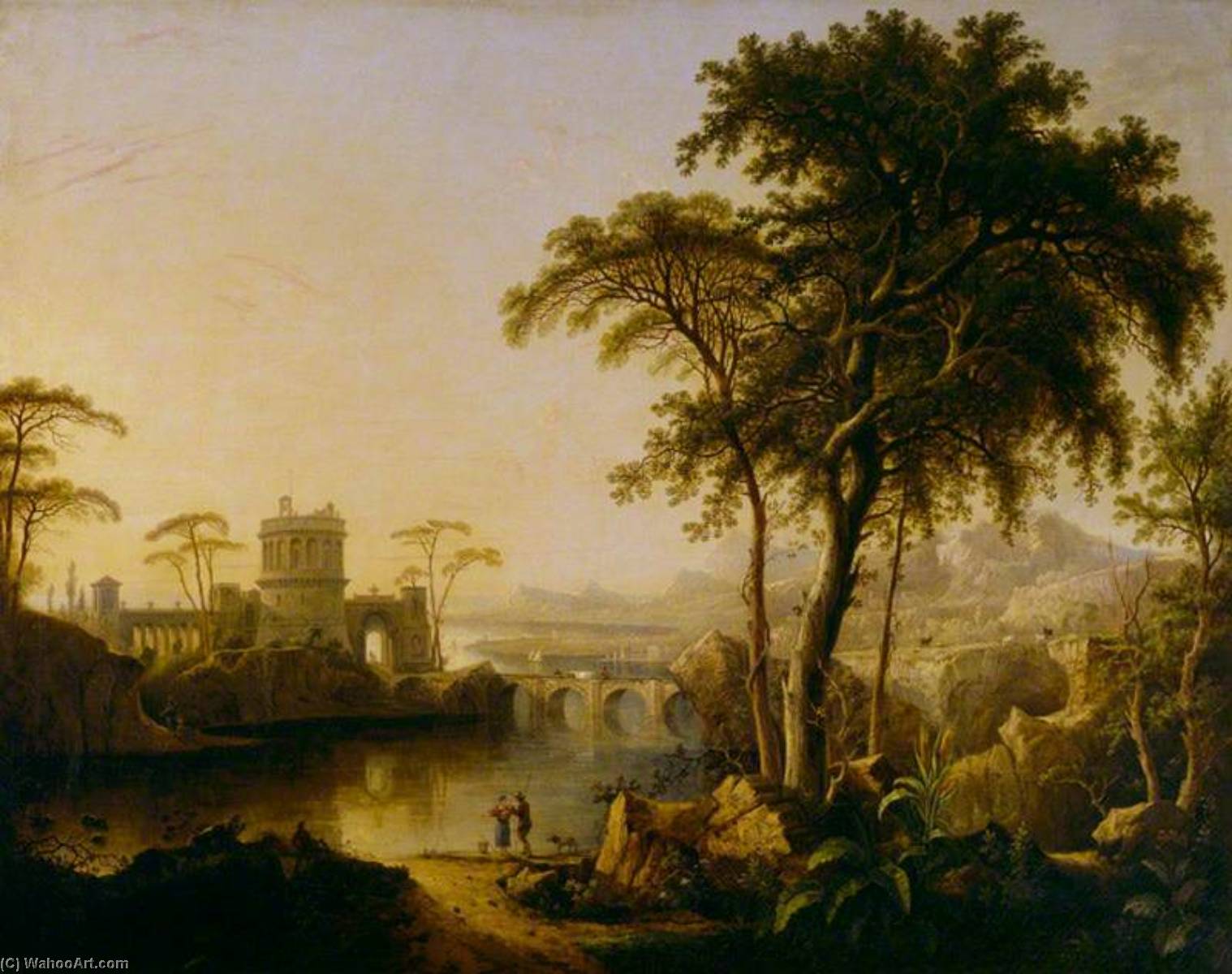 Order Artwork Replica A River Landscape with a Castle at Sunrise, 1842 by Sebastian Pether (1790-1844) | ArtsDot.com
