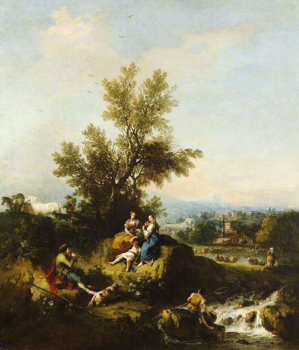 Order Oil Painting Replica Italianate Wooded River Landscape with a Piping Shepherd, Two Women and a Child by Francesco Zuccarelli (1702-1788, Italy) | ArtsDot.com