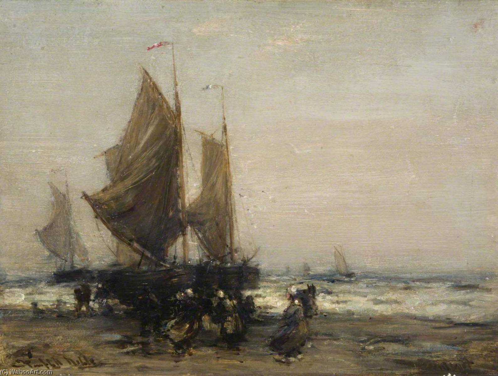 Order Oil Painting Replica A Grey Day with Dutch Fishing Boats by James Campbell Noble (1845-1913) | ArtsDot.com