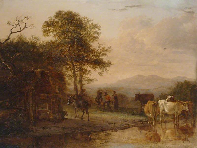 Order Oil Painting Replica Evening Landscape with Cattle and Peasants Dancing to the Sound of a Pipe, 1649 by Paulus Potter (1625-1654, Netherlands) | ArtsDot.com
