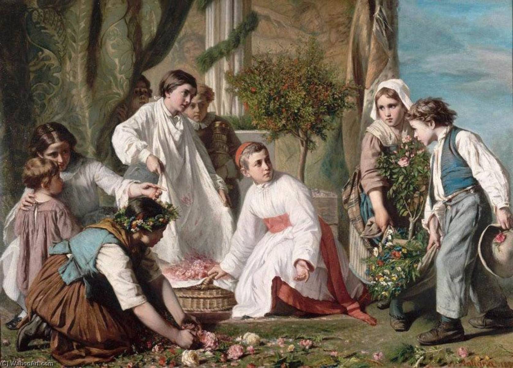 顺序 手工油畫 La Fête Dieu 。 通过 Pierre Alexandre Antigna (1817-1878, France) | ArtsDot.com