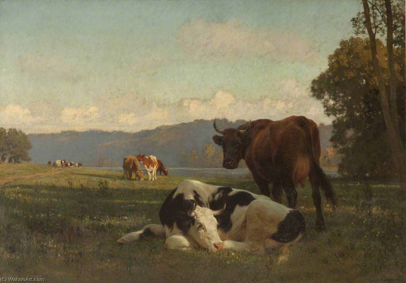 Order Oil Painting Replica Cattle on Riverbank in Auvergne by Auguste François Bonheur (1824-1884, France) | ArtsDot.com