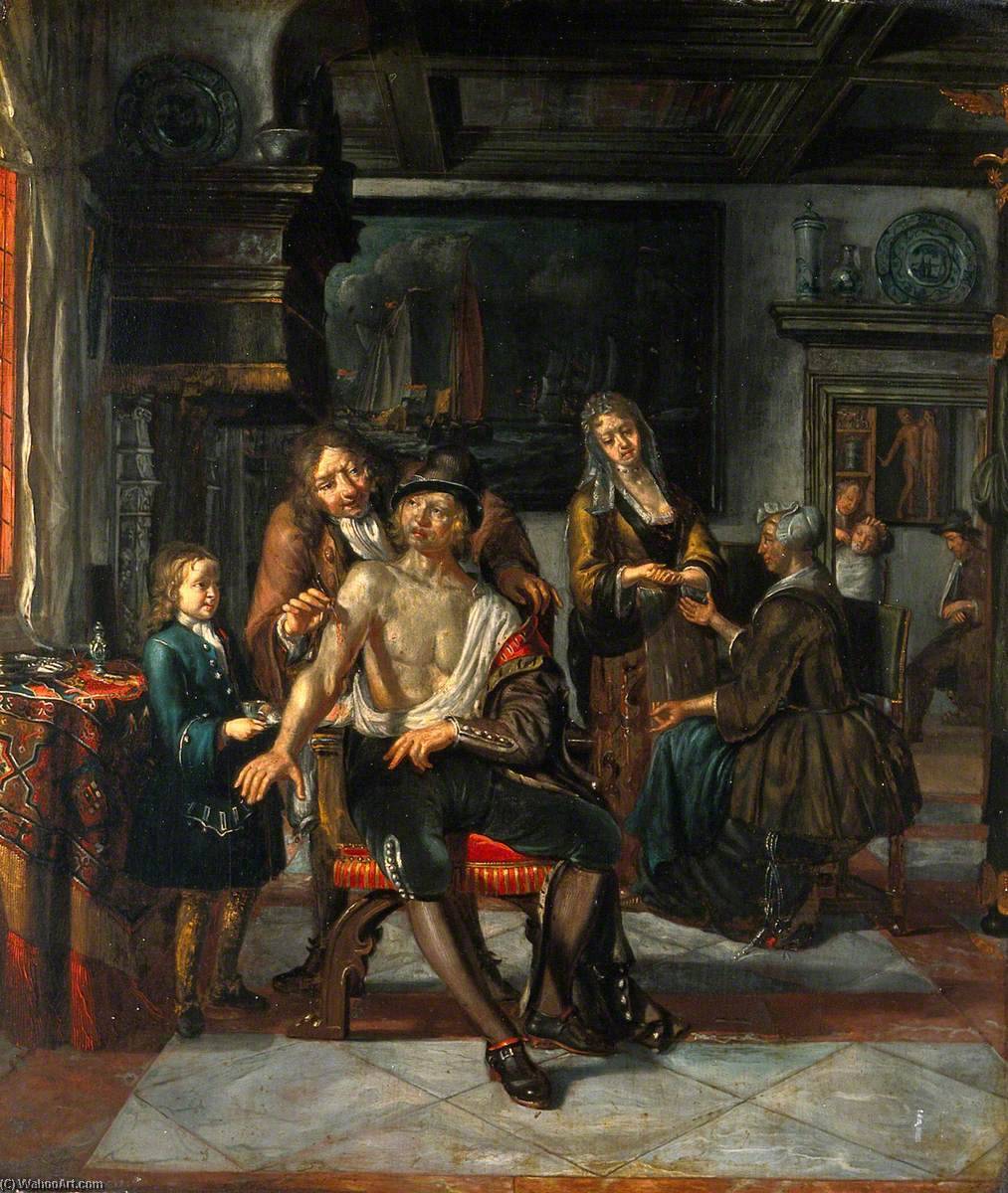 Pedir Reproducciones De Bellas Artes Interior de una cirugía con un cirujano que trata una herida en el brazo de un hombre, con un niño y cinco otras figuras, 1700 de Matthijs Naiveu (1647-1726, Netherlands) | ArtsDot.com