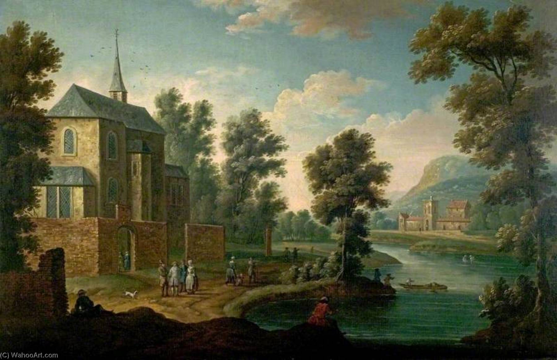 Order Paintings Reproductions River Scene with a Road by a Church by Thomas Smith (1767-1767) | ArtsDot.com