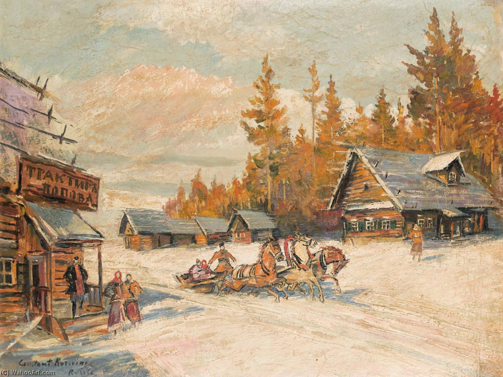 Buy Museum Art Reproductions Winter scene with Troika Winter Sleigh Ride by Konstantin Alekseyevich Korovin | ArtsDot.com