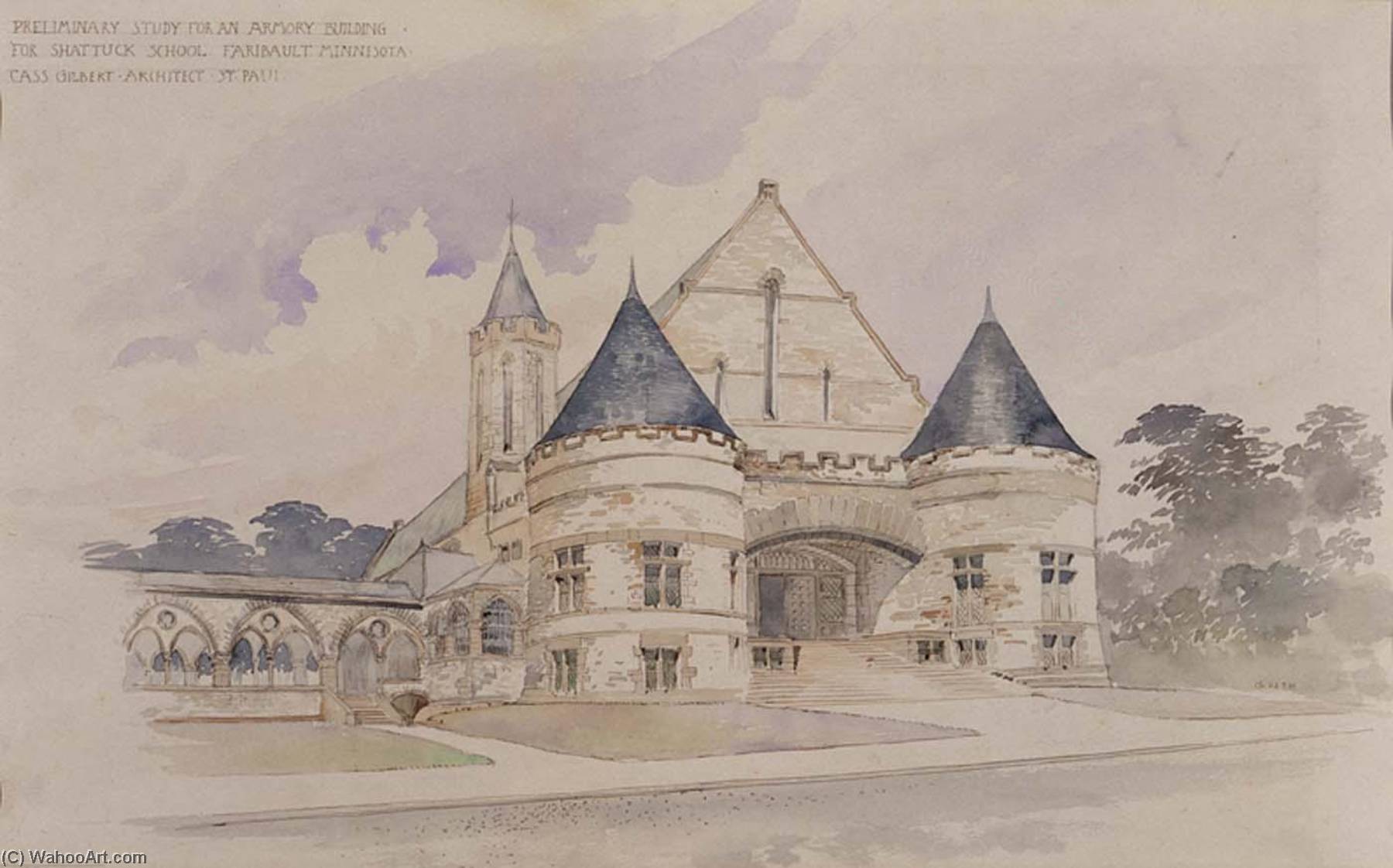 Order Oil Painting Replica Preliminary study for an Armory Building for Shattuck School, Faribault, Minnesota, 1894 by Cass Gilbert (1859-1934) | ArtsDot.com