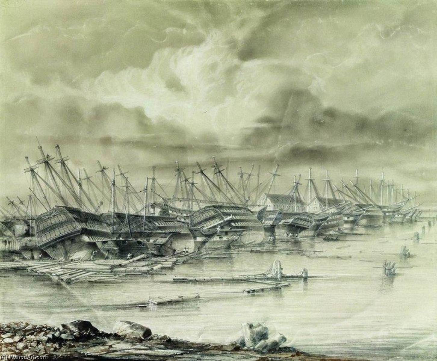 Order Oil Painting Replica Kronstadt Harbour after the Flooding, 1850 by Alexey Petrovich Bogolyubov | ArtsDot.com