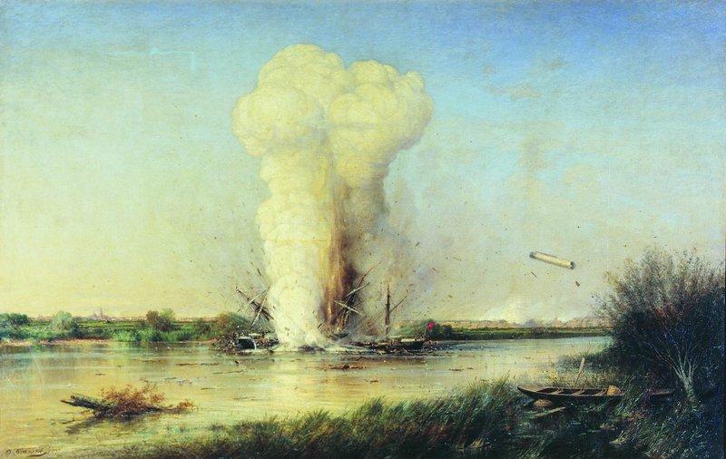 Order Oil Painting Replica The Explosion of a Turkish Battleship on the Danube, 1877 by Alexey Petrovich Bogolyubov | ArtsDot.com