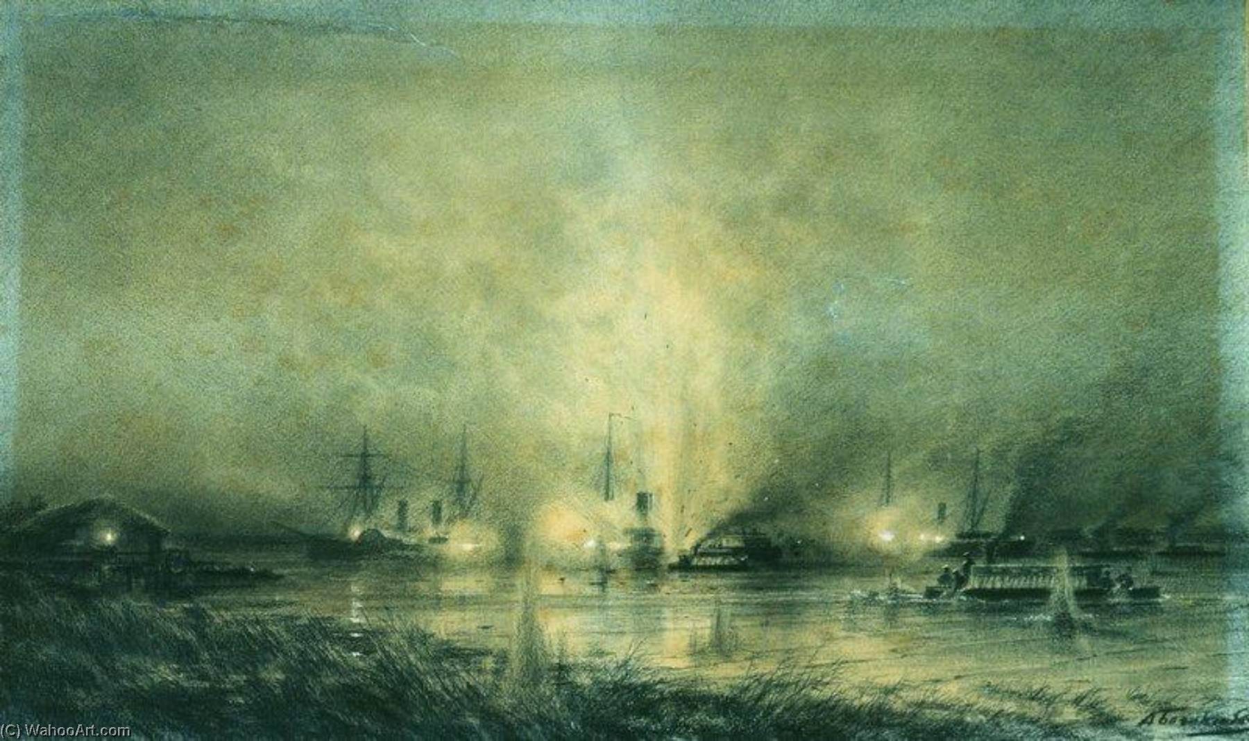 Order Oil Painting Replica The Explosion of a Turkish Warship on the Danube, 1878 by Alexey Petrovich Bogolyubov | ArtsDot.com