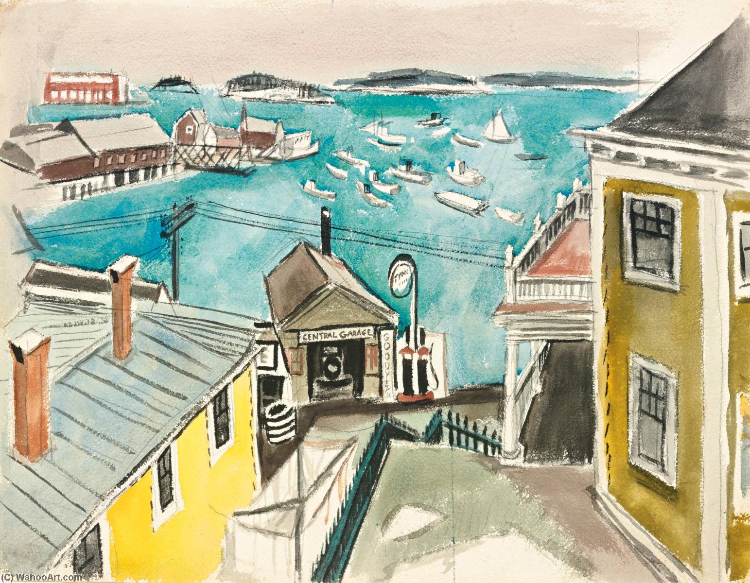 Order Oil Painting Replica Harbor View (Central Garage) by Fairfield Porter (Inspired By) (1907-1975) | ArtsDot.com