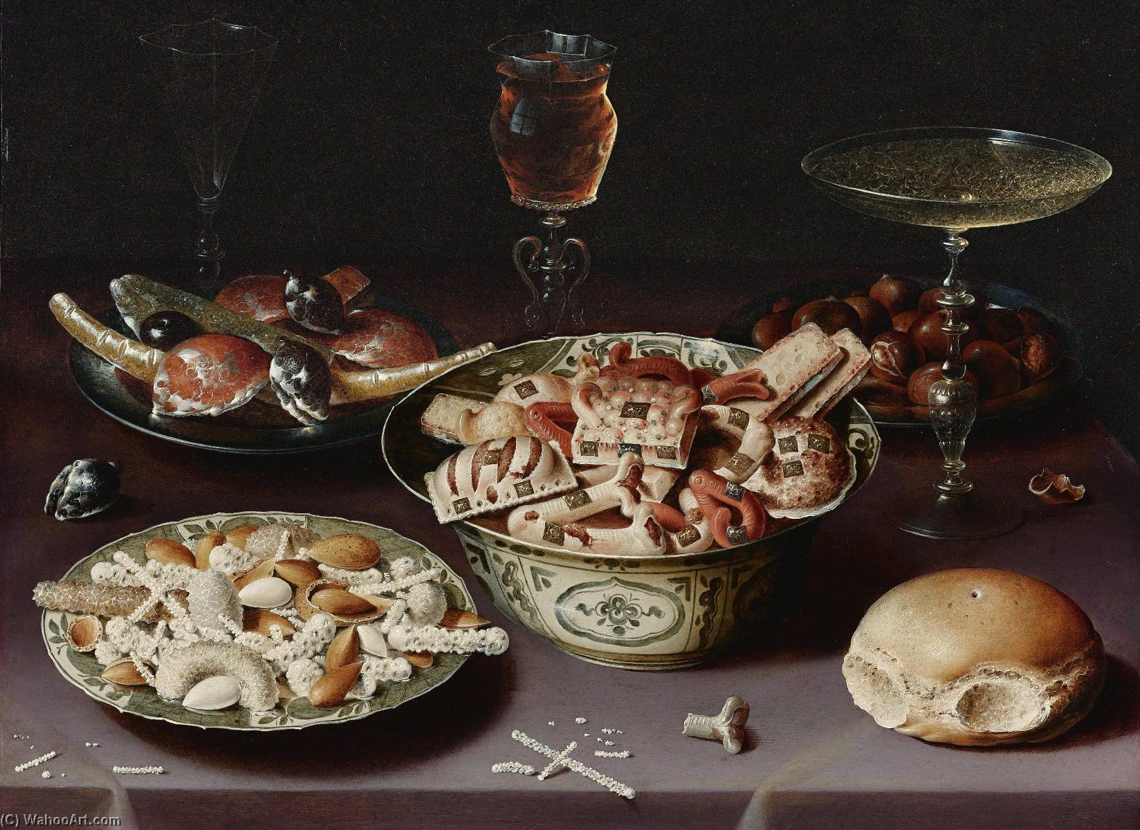 Order Paintings Reproductions a still life of porcelain vessels containing sweets, pewter plates bearing sweets and chestnuts, three pieces of glassware and a bread roll on a table draped with a mauve cloth by Osias Beert The Elder (1580-1624) | ArtsDot.com