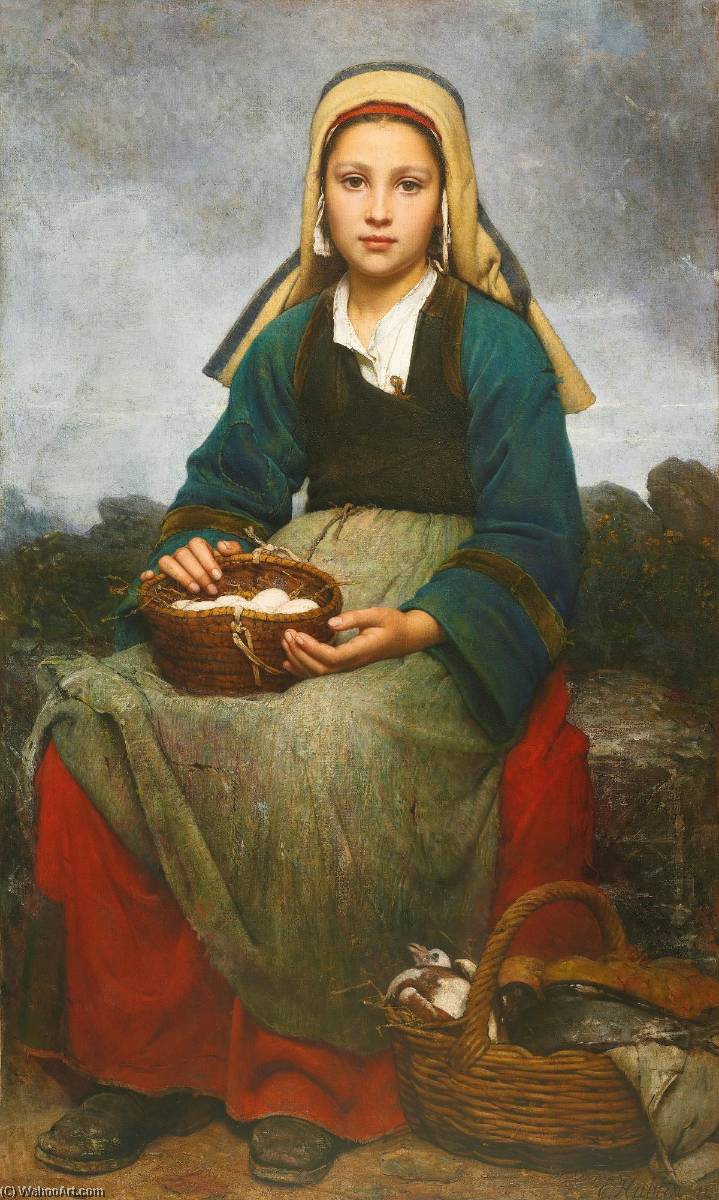 Order Art Reproductions A young girl holding a basket of eggs by Emile Auguste Hublin (1830-1891) | ArtsDot.com
