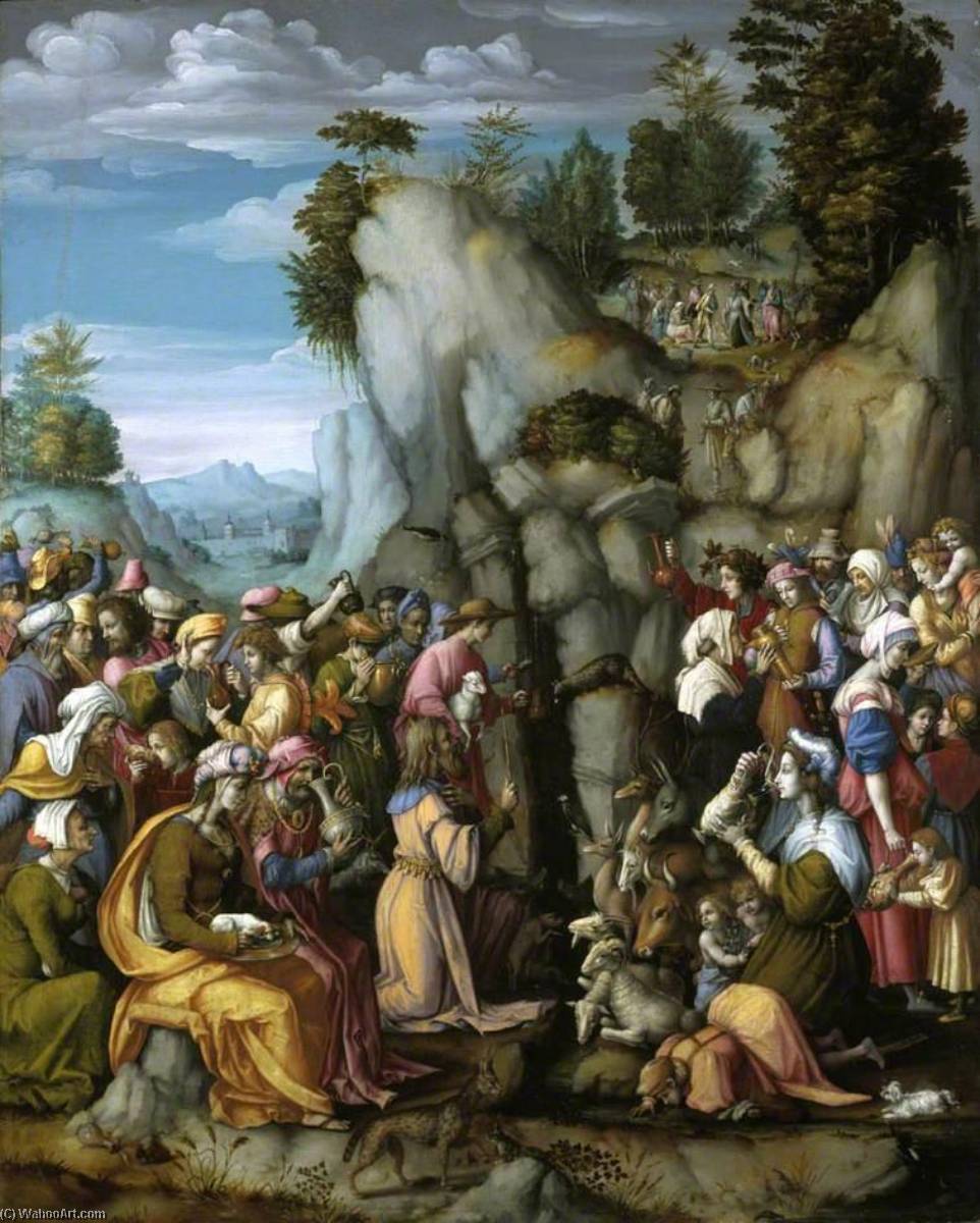 购买 博物馆艺术复制品，艺术复制品，绘画复制品，博物馆质量版画，美术复制品，着名绘画复制品，博物馆品质复制品，帆布艺术版画 岩石的摩西斯·斯里克。, 1525 通过 Il Bacchiacca (1494-1557) | ArtsDot.com