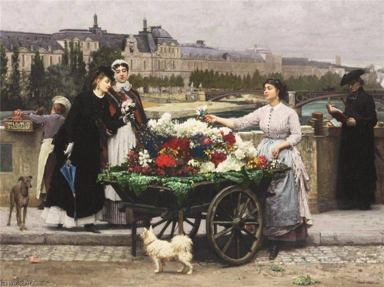 Order Oil Painting Replica A Flower Seller on the Pont Royal, 1872 by Marie Francois Firmin-Girard (1838-1921, France) | ArtsDot.com