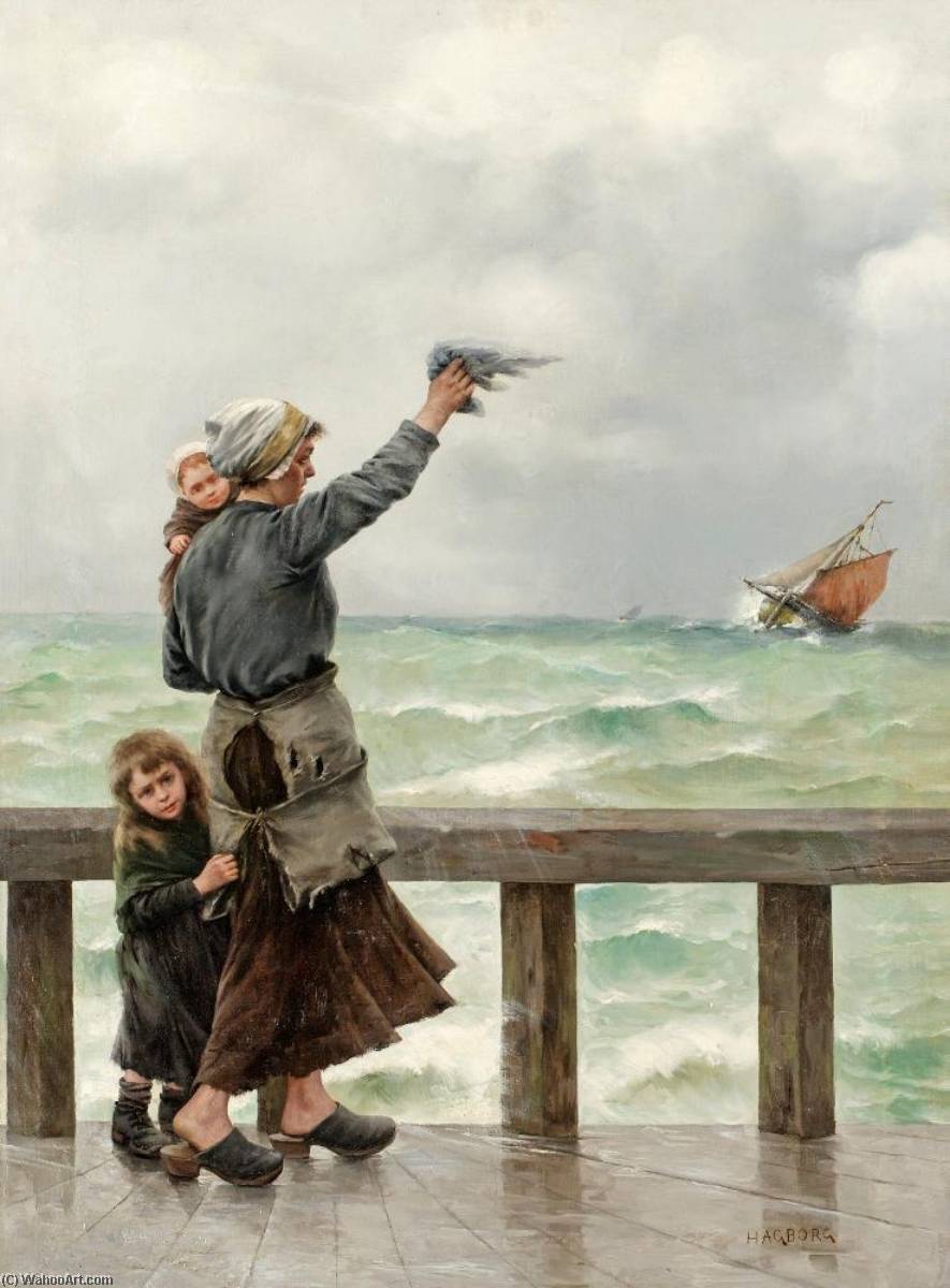 Order Oil Painting Replica Fisherman`s Homecoming by August Wilhelm Nikolaus Hagborg (1852-1921) | ArtsDot.com