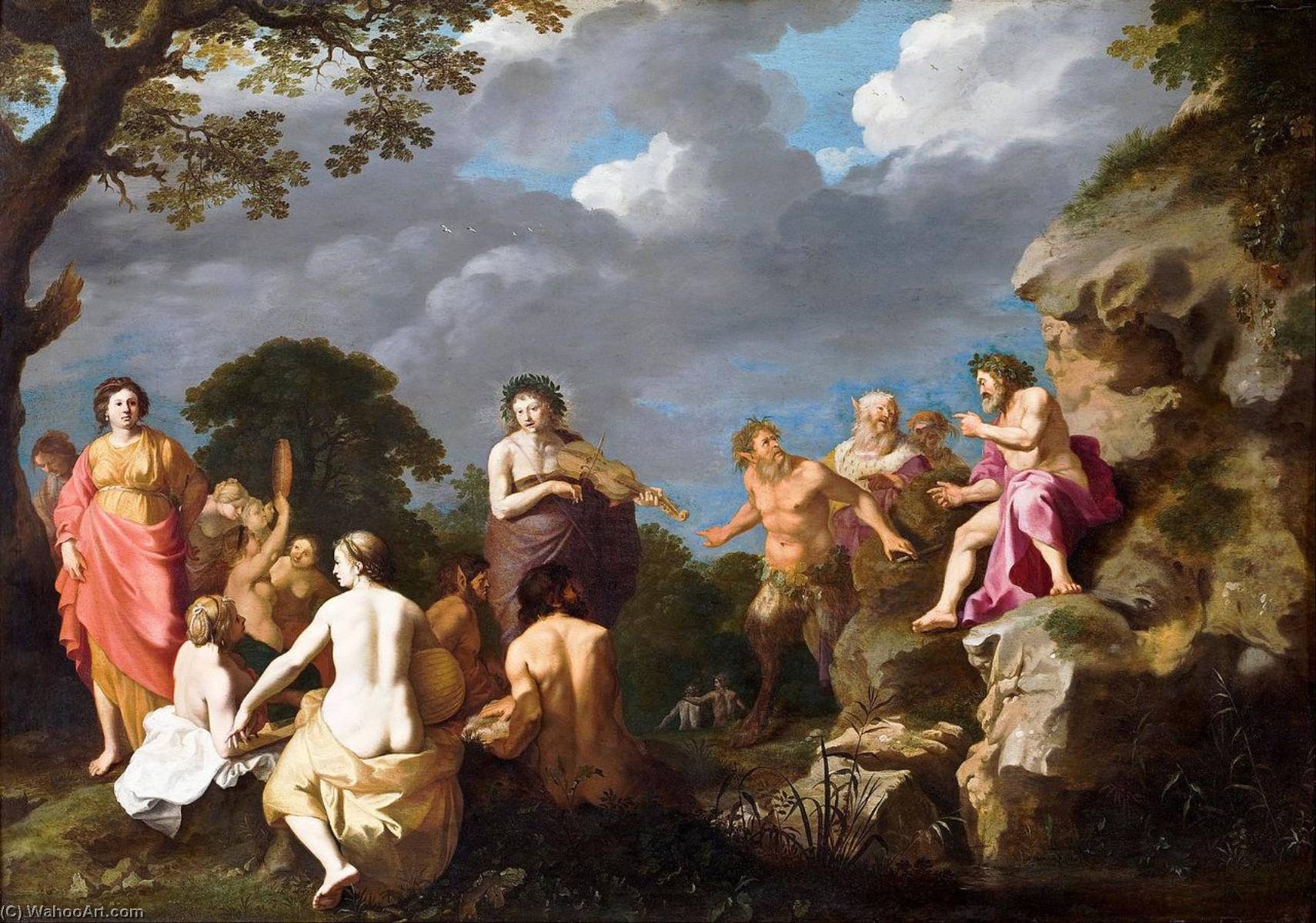 順序 「アート再現 ApolloとMarsyasの音楽コンテスト, 1630 バイ Cornelius Van Poelenburgh (1594-1667) | ArtsDot.com