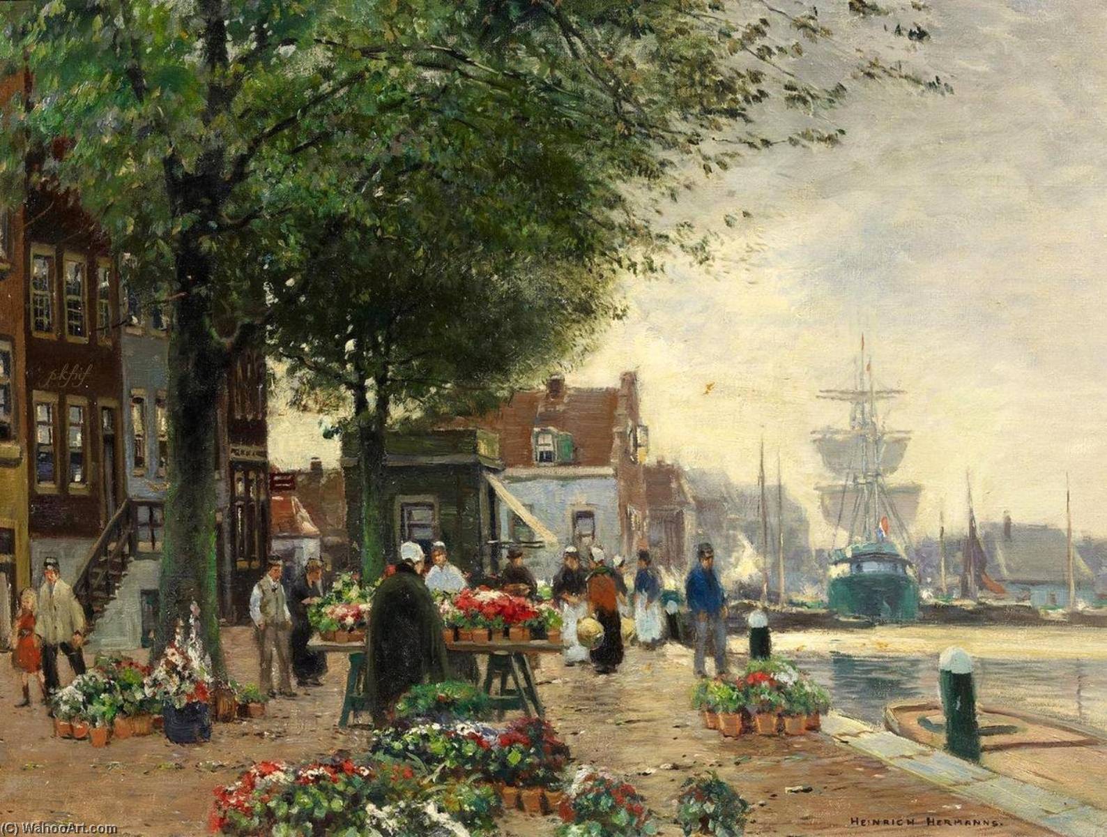Order Oil Painting Replica A Flower Market in a Dutch City by Heinrich Hermanns (1862-1942) | ArtsDot.com