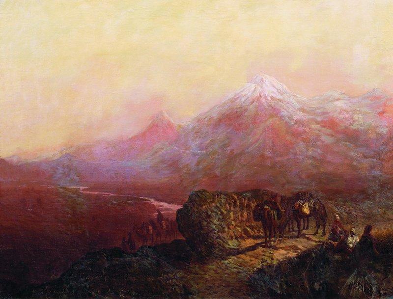 Ordinare Riproduzioni D'arte Un paesaggio di montagna con cavalli di Ilya Nikolaevich Zankovsky (1832-1919) | ArtsDot.com