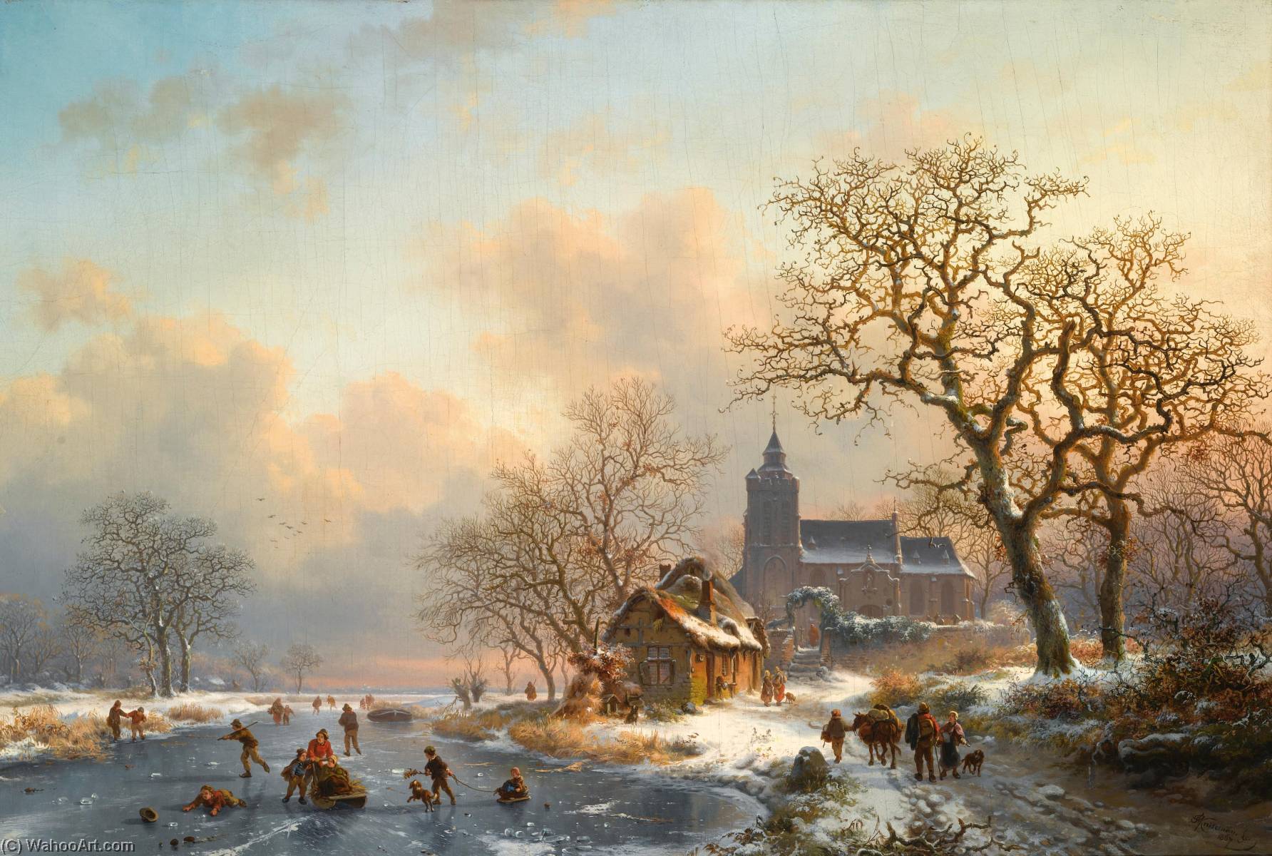 Buy Museum Art Reproductions A winter landscape with skaters on a frozen river, 1860 by Frederick Marianus Kruseman (1817-1882, Netherlands) | ArtsDot.com