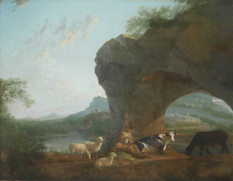 Order Oil Painting Replica Italianate Landscape with a Herdsman and Three Sheep and Two Cows under a Rock Arch by Benjamin Barker Ii (1776-1838) | ArtsDot.com