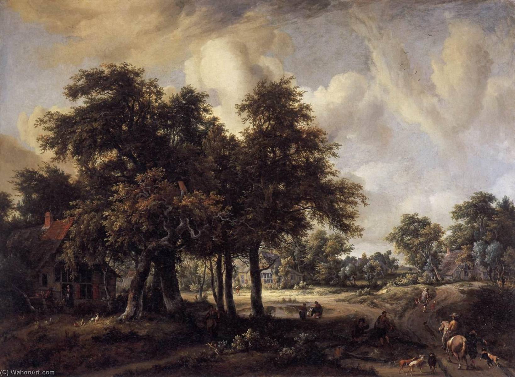 Order Artwork Replica Wooded Landscape with Cottages, 1655 by Meyndert Hobbema (1638-1709) | ArtsDot.com