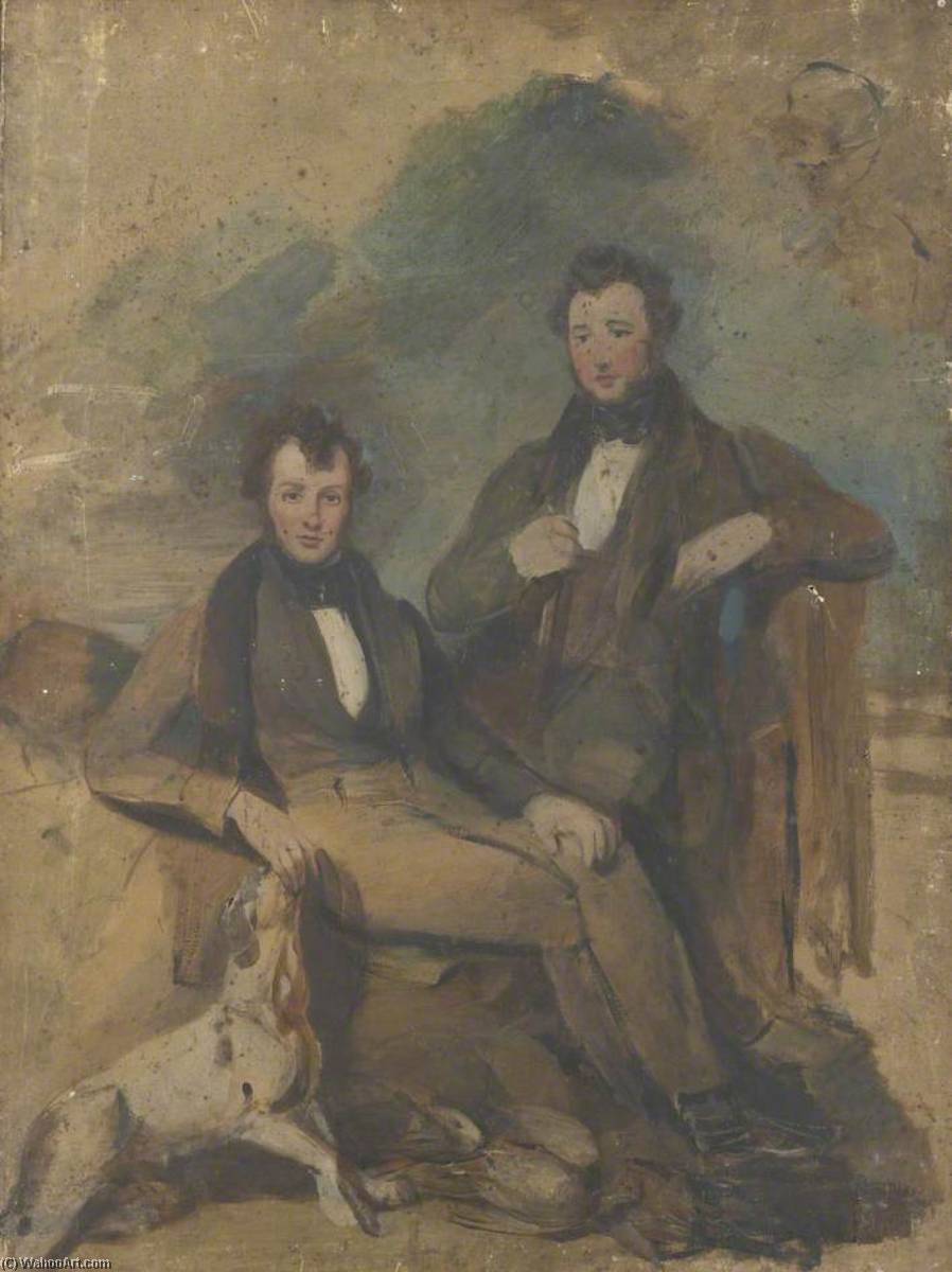 Order Paintings Reproductions Portrait of Two Seated Men with a Dog (unfinished), 1835 by George Sheffield Senior (1800-1852) | ArtsDot.com