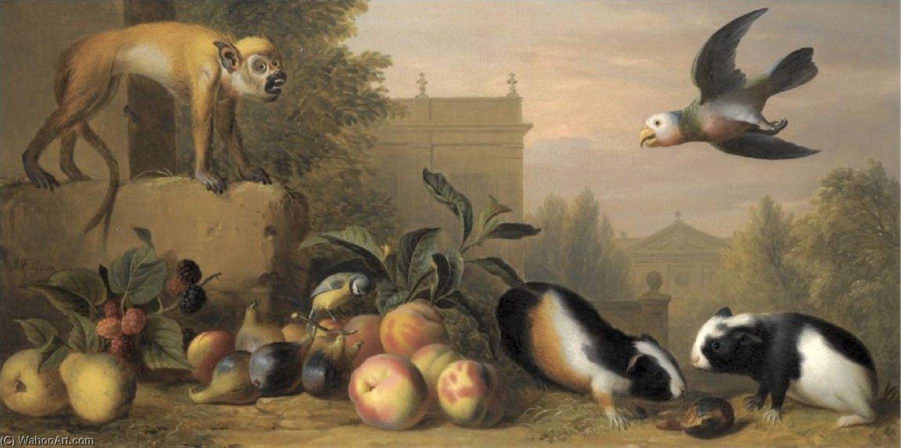 Order Artwork Replica Capuchin squirrel monkey, two guinea pigs, a blue tit and an Amazon St. Vincent parrot with Peaches, Figs and Pears in a landscape, 1720 by Jakob Bogdani (1658-1724) | ArtsDot.com