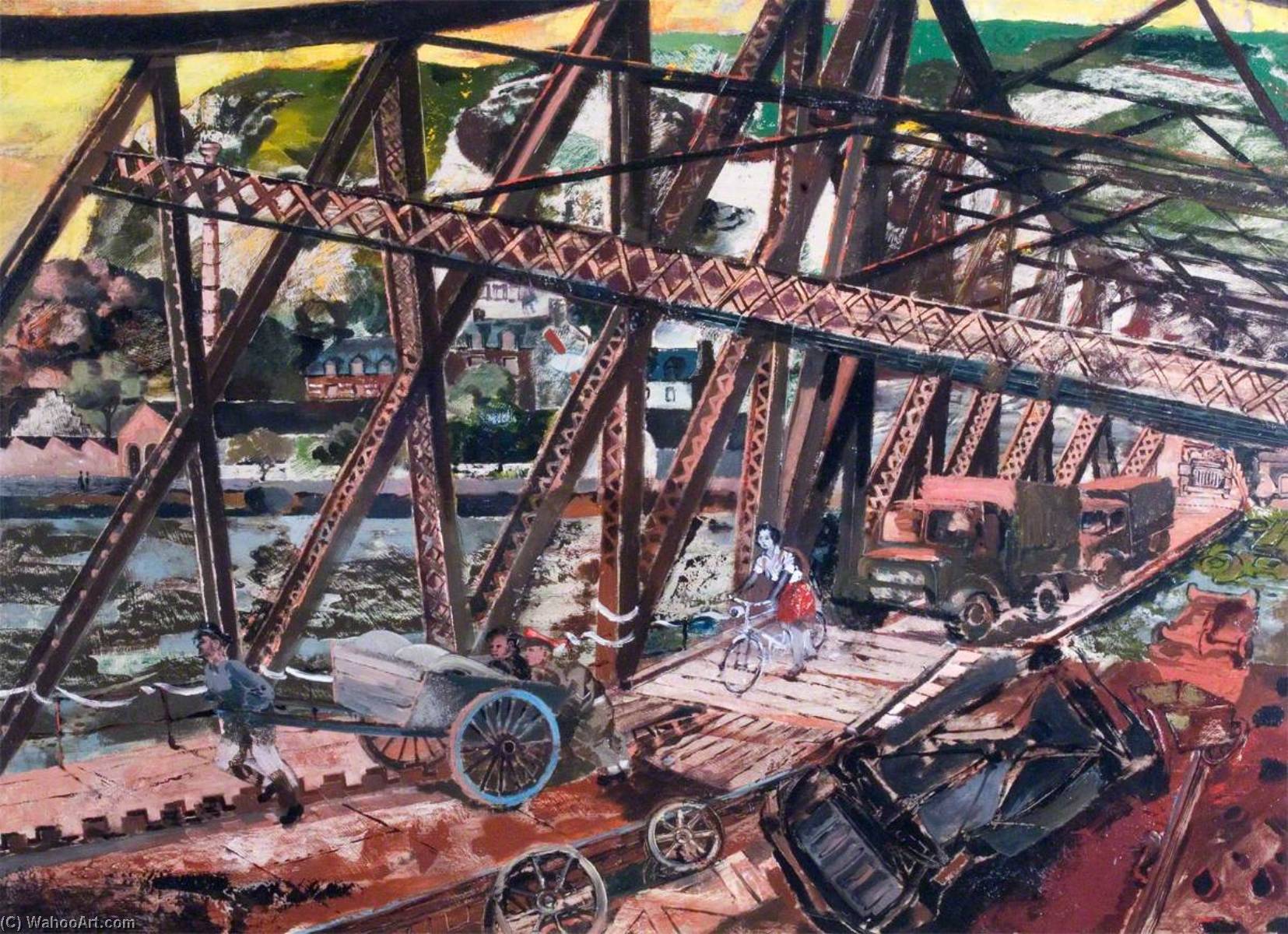 Buy Museum Art Reproductions The Break through, France `Marmalade Bridge`, A Railway Bridge Crossing the River Seine at Rouen, 1944 by Albert Richards (1919-1945) | ArtsDot.com